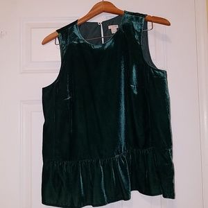 J Crew emerald crushed velvet top with peplum